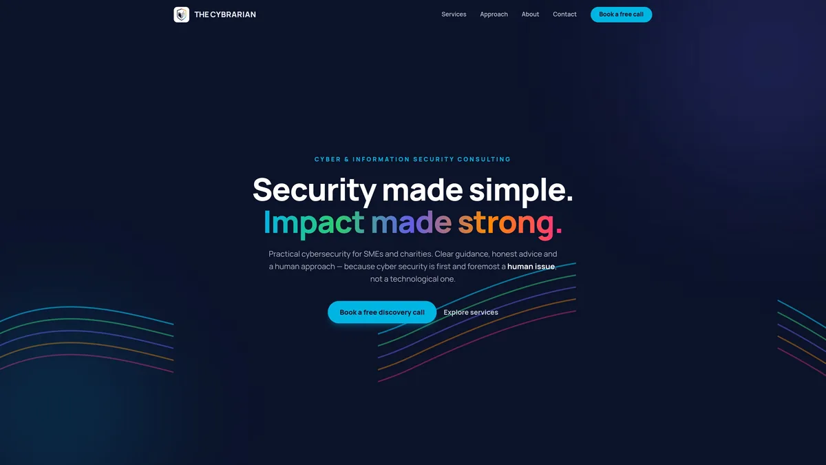 Nowa strona The Cybrarian - ciemny design z hasłem Security made simple, Impact made strong