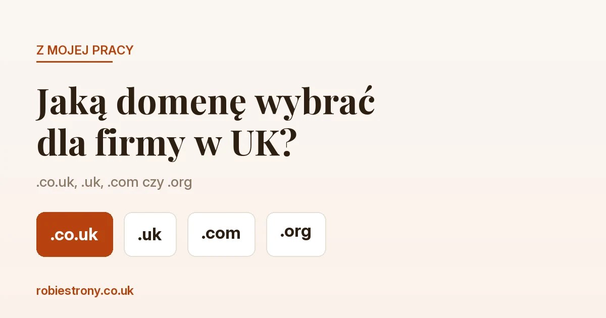 Osoba wybiera domenę dla firmy na laptopie - końcówki .co.uk, .uk, .com i .org