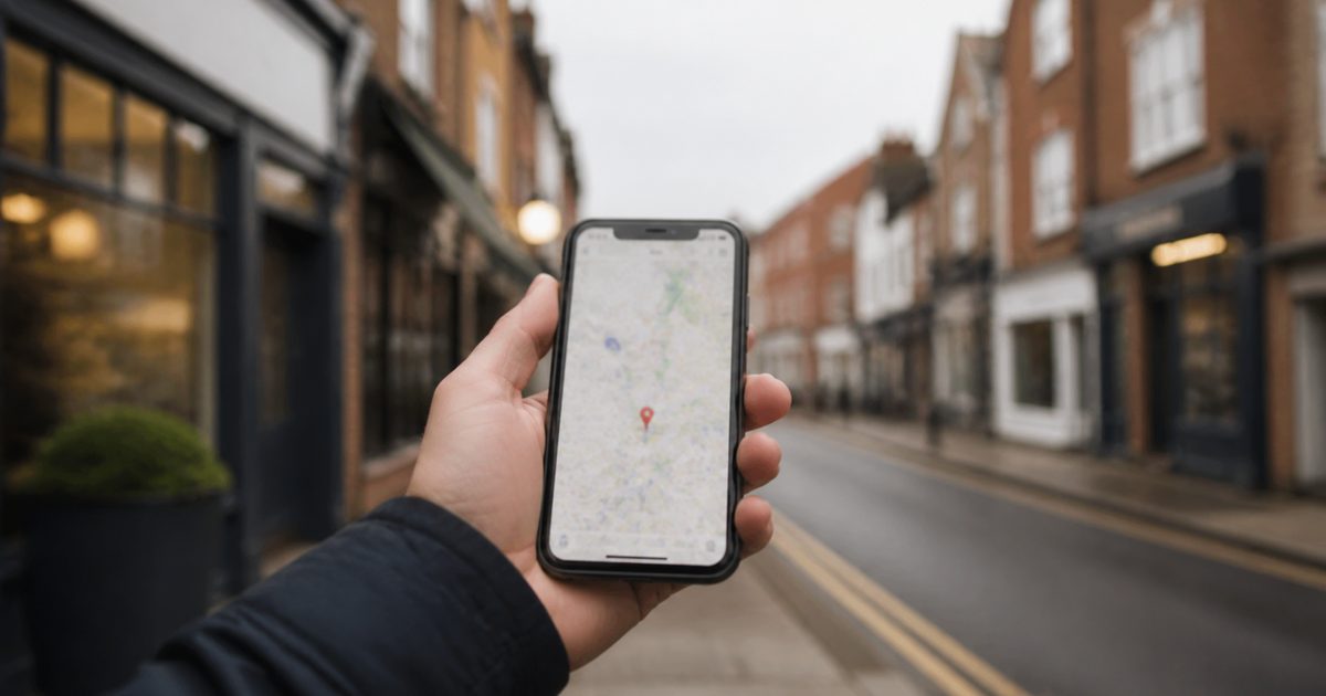 Telefon z mapą Google na angielskiej ulicy handlowej - SEO lokalne w Anglii
