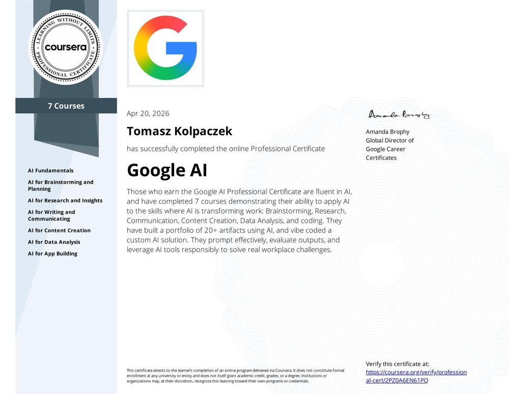 Certyfikat Google AI - Tomasz Kolpaczek