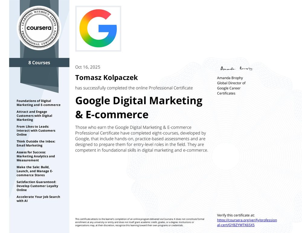 Certyfikat Google Digital Marketing & E-commerce - Tomasz Kolpaczek