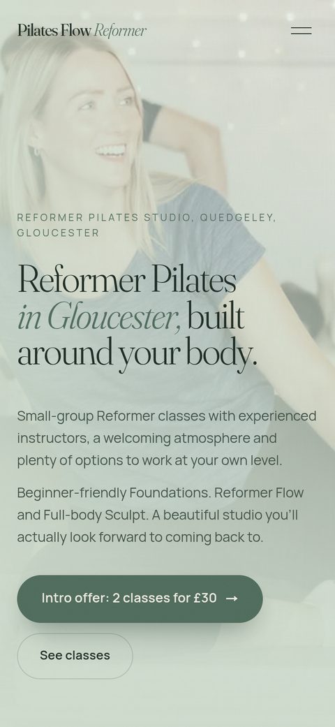 Pilates Flow Reformer website - mobile view